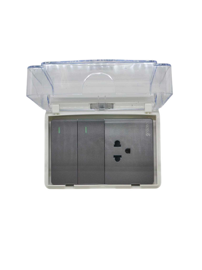 Grazen Weatherproof Plate Cover with 2 Gang 1 Way Switch and 1 Gang Universal Outlet with Ground 16A 220V WC-019-W+GW-009 Available in White, Black, Grey and Gold