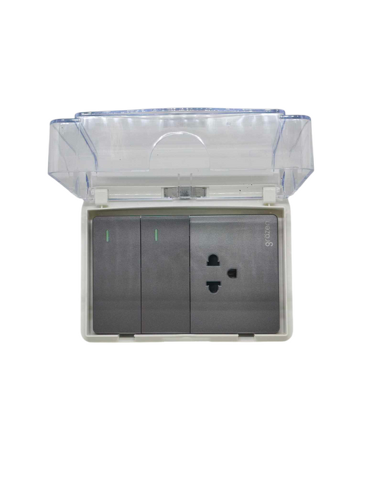 Grazen Weatherproof Plate Cover with 2 Gang 1 Way Switch and 1 Gang Universal Outlet with Ground 16A 220V WC-019-W+GW-009 Available in White, Black, Grey and Gold