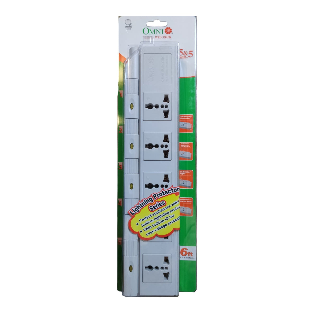 Omni 5 Gang Extension Cord  Universal 6 Feet with Individual Switch, Power Strip 5 Socket  10A 220V WED-350-PK