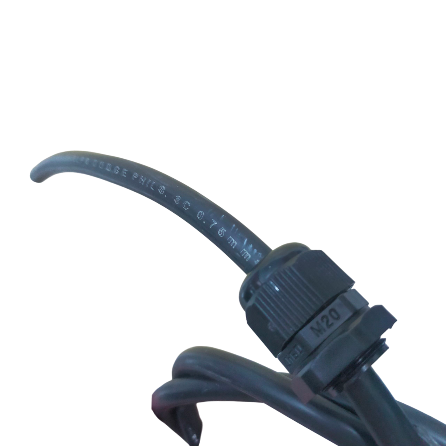 Grippes Cable Gland M20 6-12mm securely attached to black electrical cables for cable management