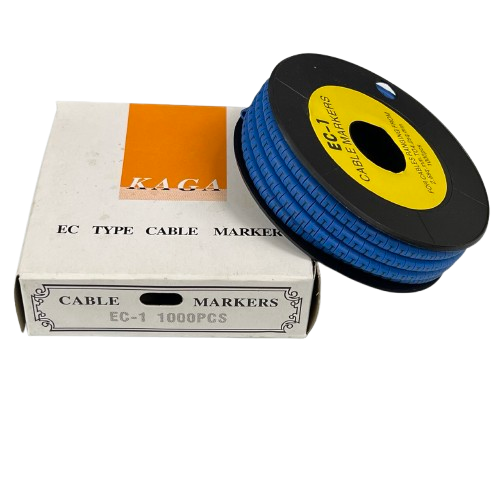 Grippes Cable Marker Blue - I on a spool with packaging for organizing and labeling cables