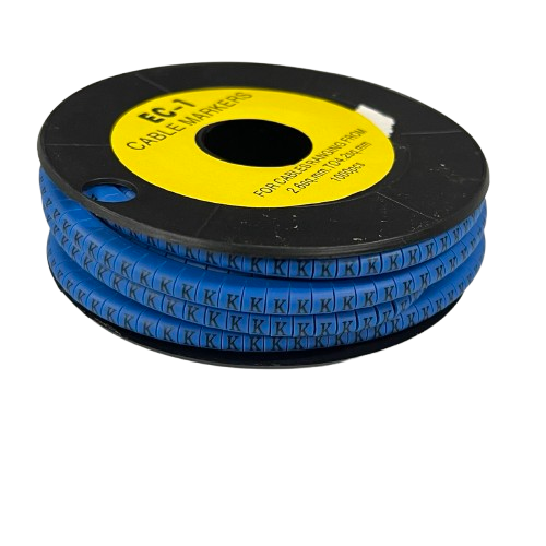 Grippes Cable Marker Blue - K on a spool for organizing wires and cables in any workspace