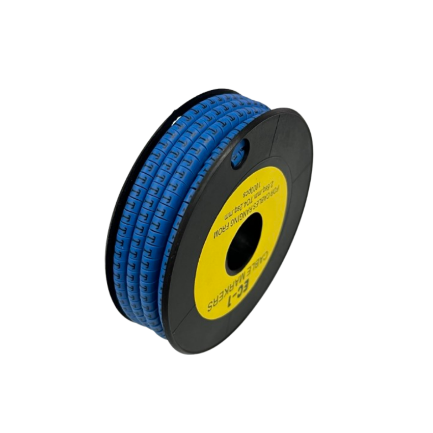 Grippes Cable Marker Blue - T on a spool for organized cable management in workspace