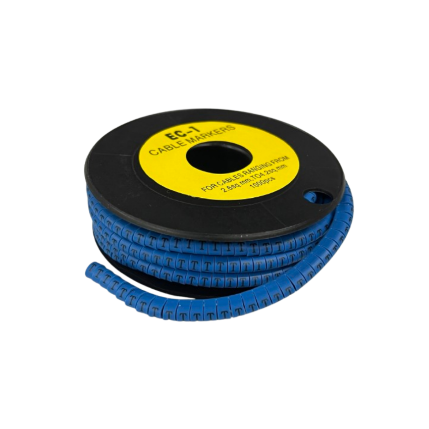 Grippes Cable Marker Blue - T on a spool, designed for organizing cables ranging from 2.5mm to 3.5mm