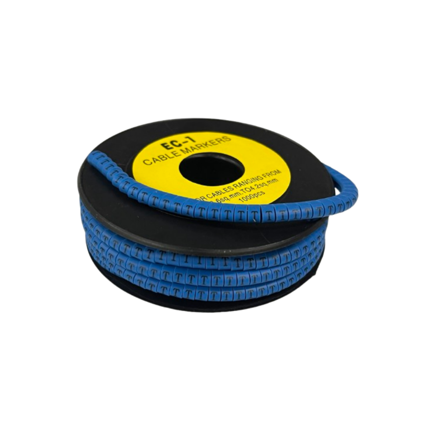 Grippes Cable Marker Blue - T on a spool, ideal for organizing and identifying cables