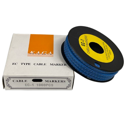 Grippes Cable Marker Blue - U on spool with box showing 1000 pieces for organized cable management