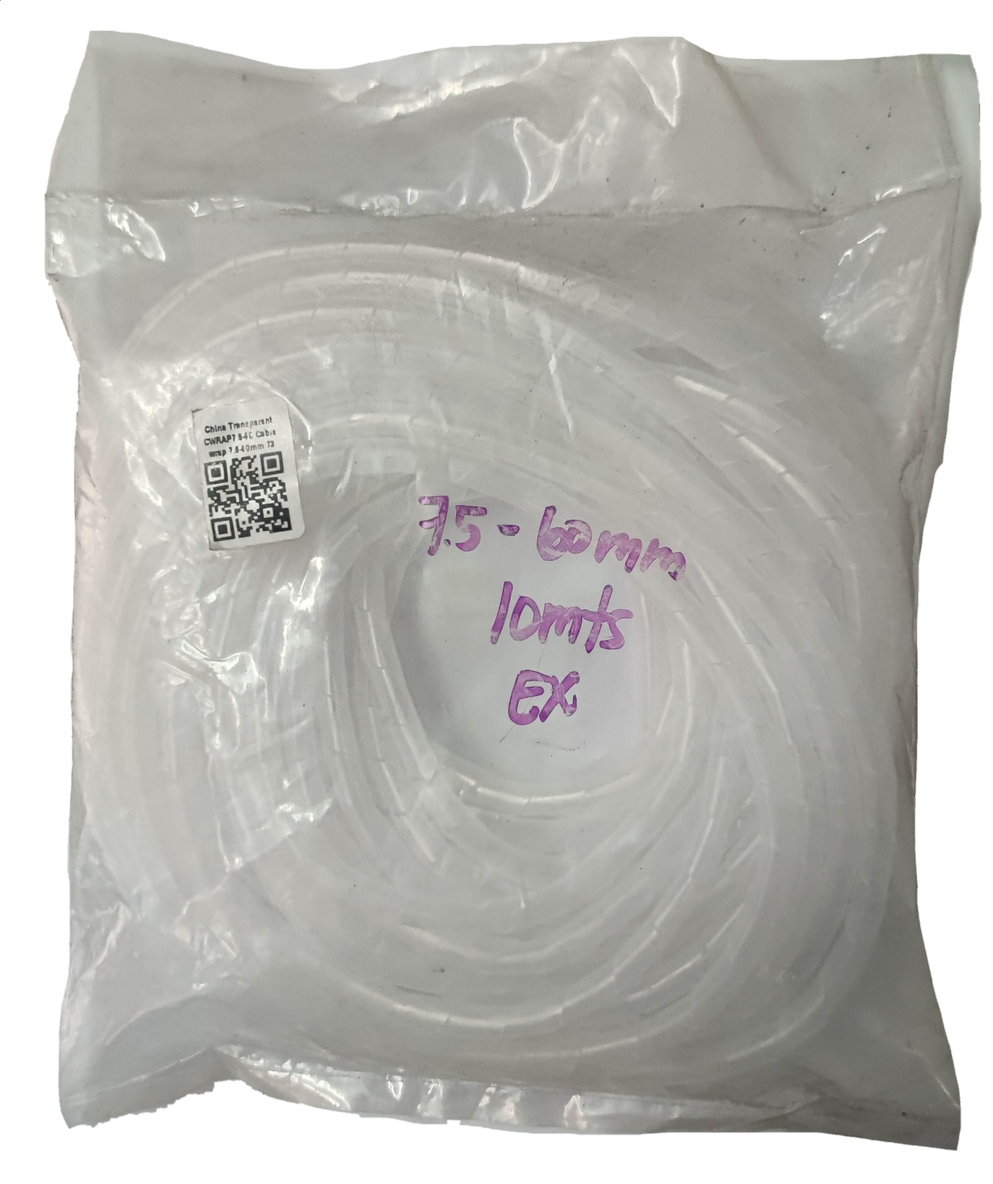 Clear cable wrap 10 meters length coiled inside transparent plastic packaging for cable management