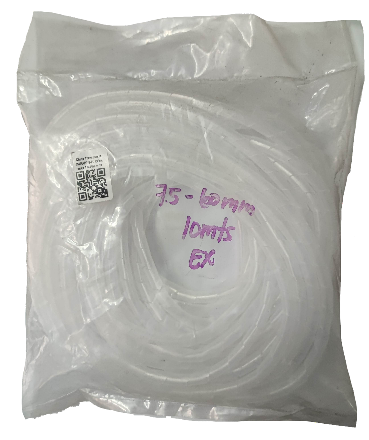 Clear cable wrap 10 meters length coiled inside transparent plastic packaging for cable management
