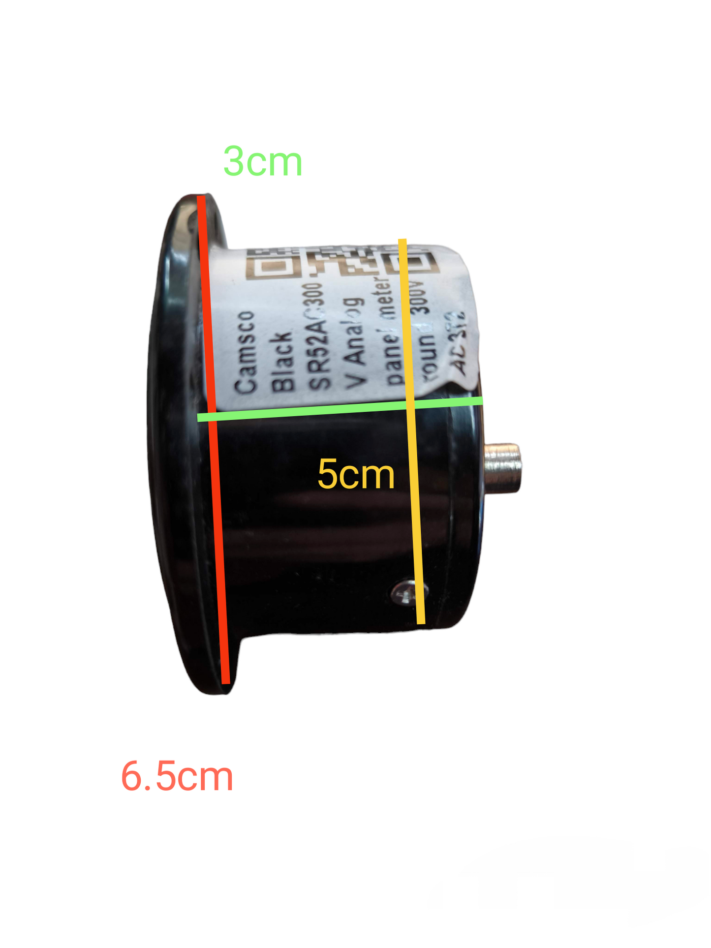 Camsco Panel Meter 300V AC 52mm side view showing black cylindrical electrical circuitry part with measurements