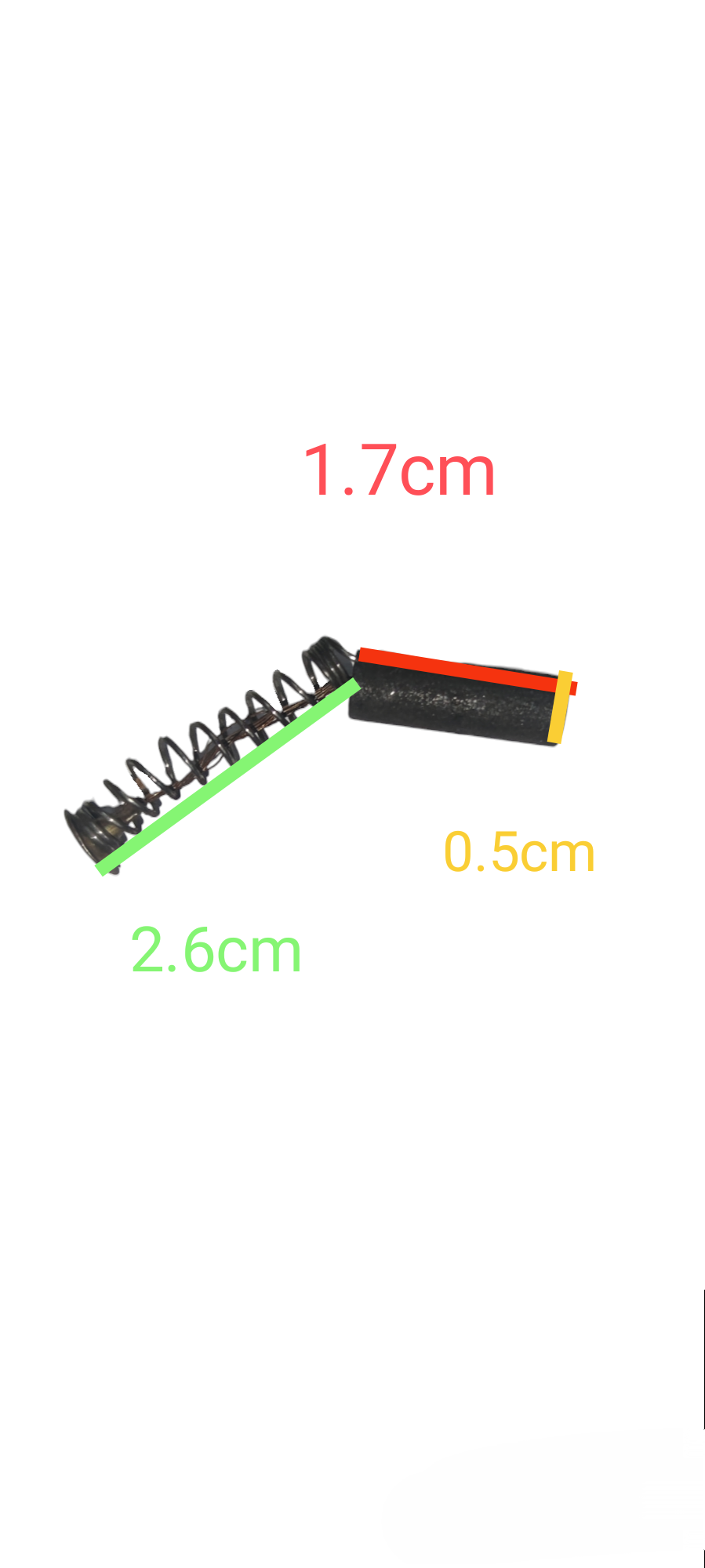 Tokina power tool part carbon brush different kinds with spring and measurements on white background