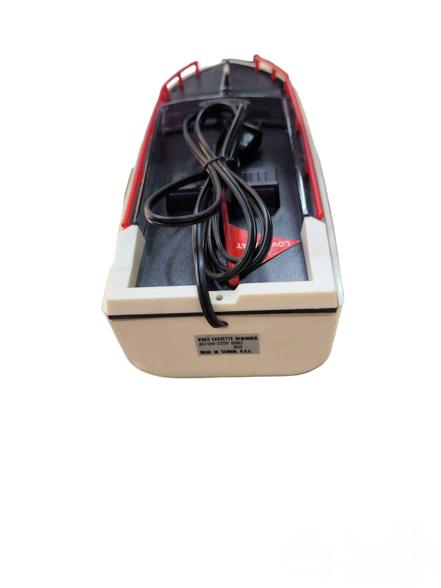 Cassette Rewinder Beta 220V or 110V with cord inside a compact plastic case for audio tape rewind