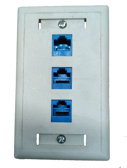 AMP network access points with three blue ports on a white cat 6 ethernet wall outlet plate