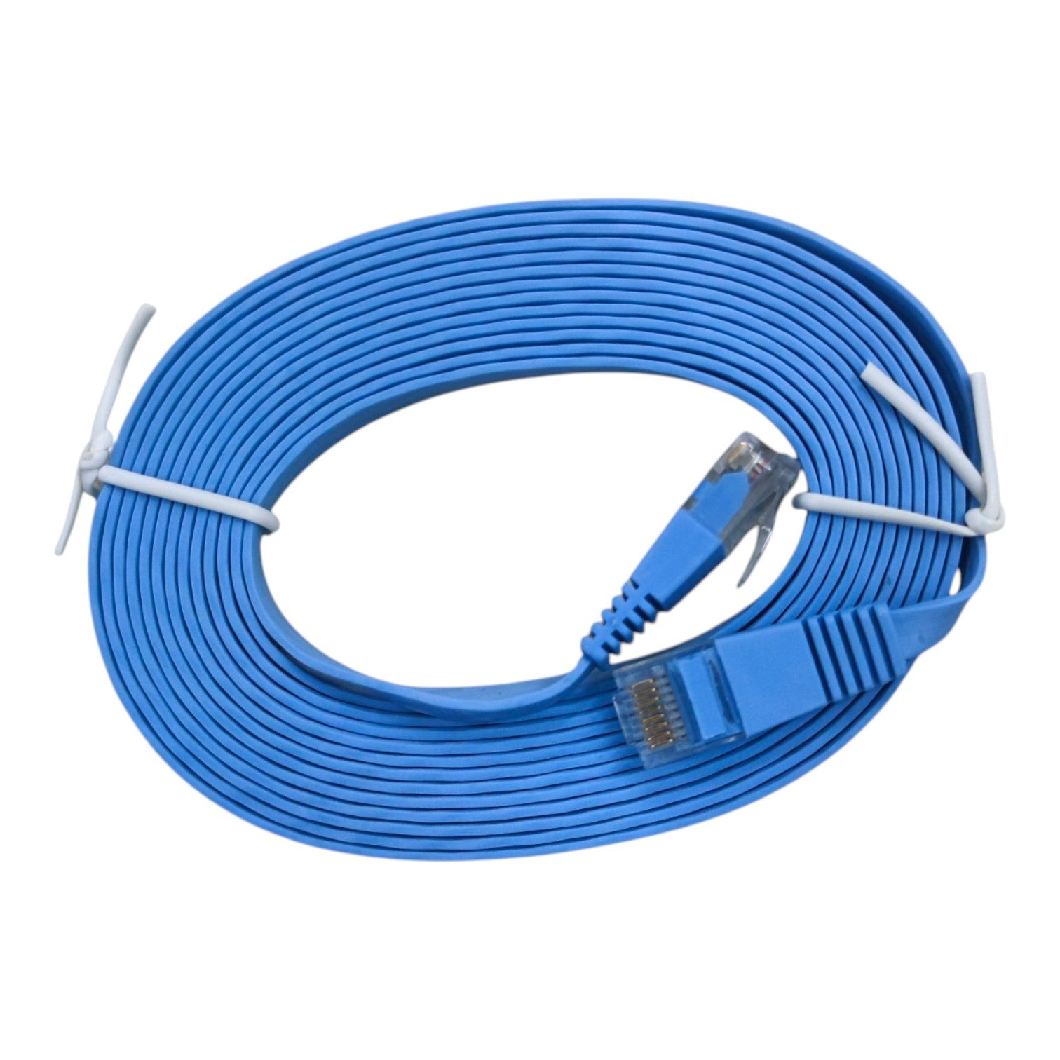 A coiled blue Ethernet cable with RJ45 connectors, secured with white zip ties, on a plain white background.