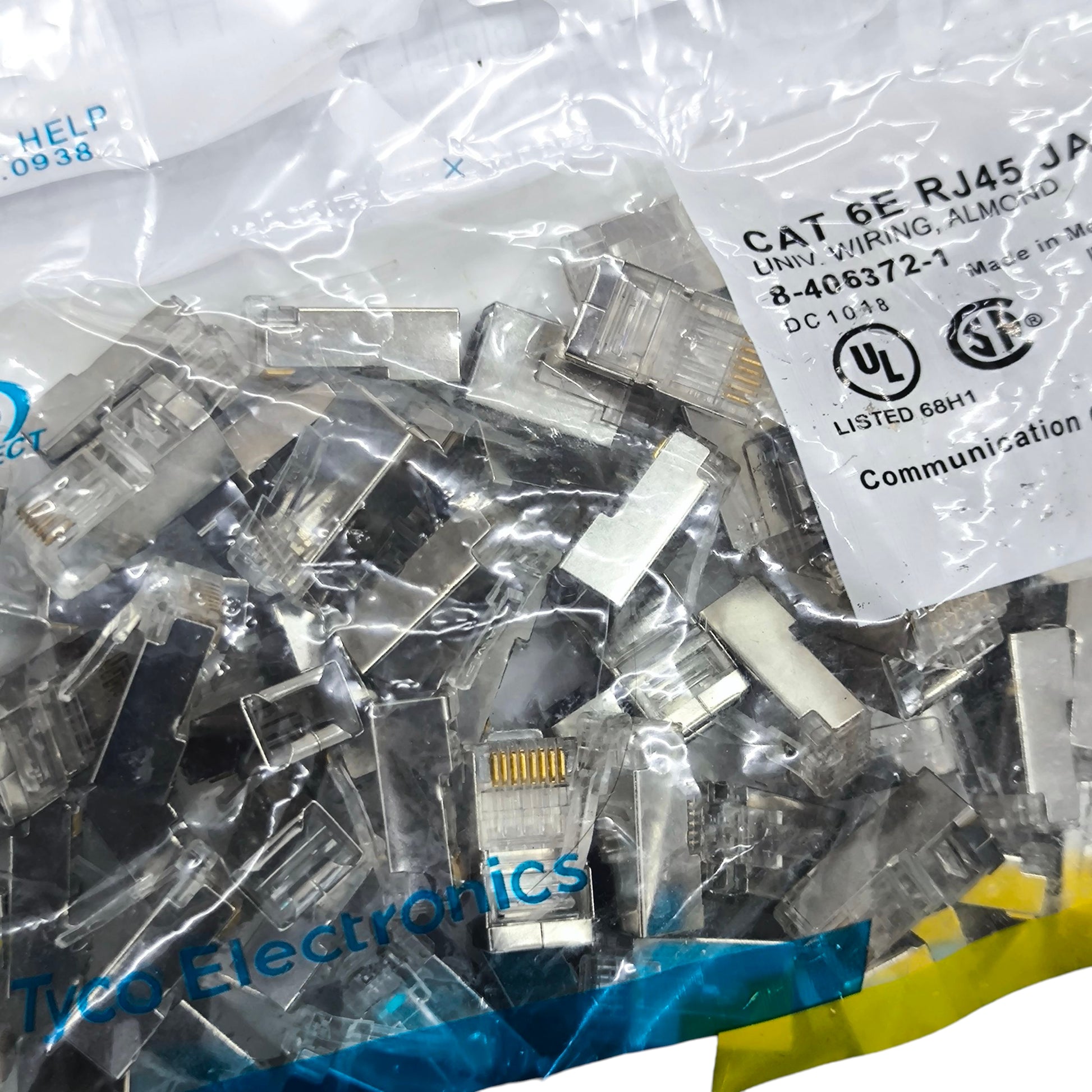 Bag of CAT 6E shielded RJ45 connectors for reliable network connections and wiring projects