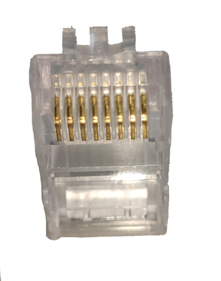 Close-up of a clear CAT5e RJ45 connector plug showing gold pins for secure network connections