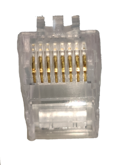 Close-up of a clear CAT5e RJ45 connector plug showing gold pins for secure network connections