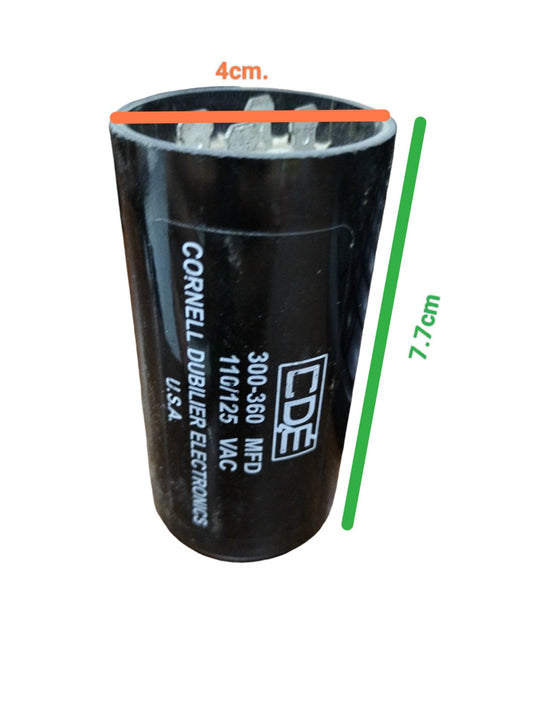 CDE Capacitor 300-360 MFD 110-125V with dimensions 4cm diameter and 12cm height for electrical use