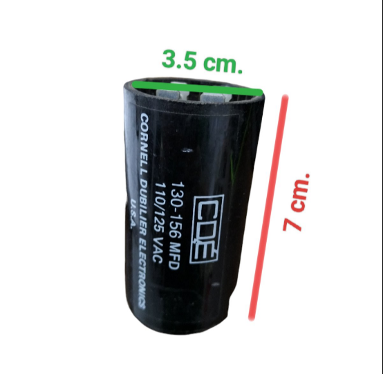 CDE electrical capacitor 110-125V in black, measuring 3.5 cm by 7 cm for reliable circuit applications