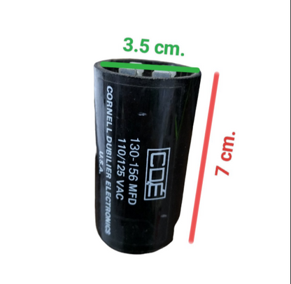 CDE electrical capacitor 110-125V in black, measuring 3.5 cm by 7 cm for reliable circuit applications