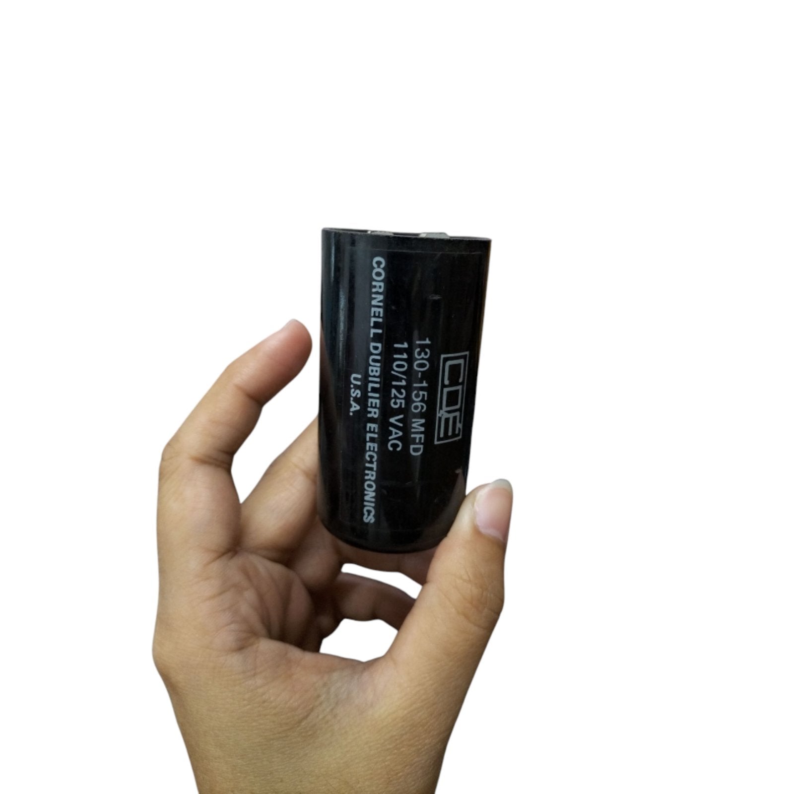 CDE electrical capacitor 110-125V held in hand, suitable for various electronic applications