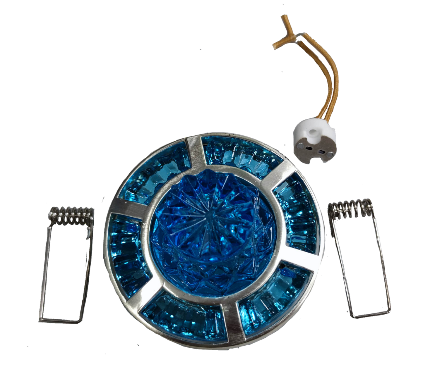 Ceiling type MR16 light casing with decorative blue accents and attachment clips for easy installation