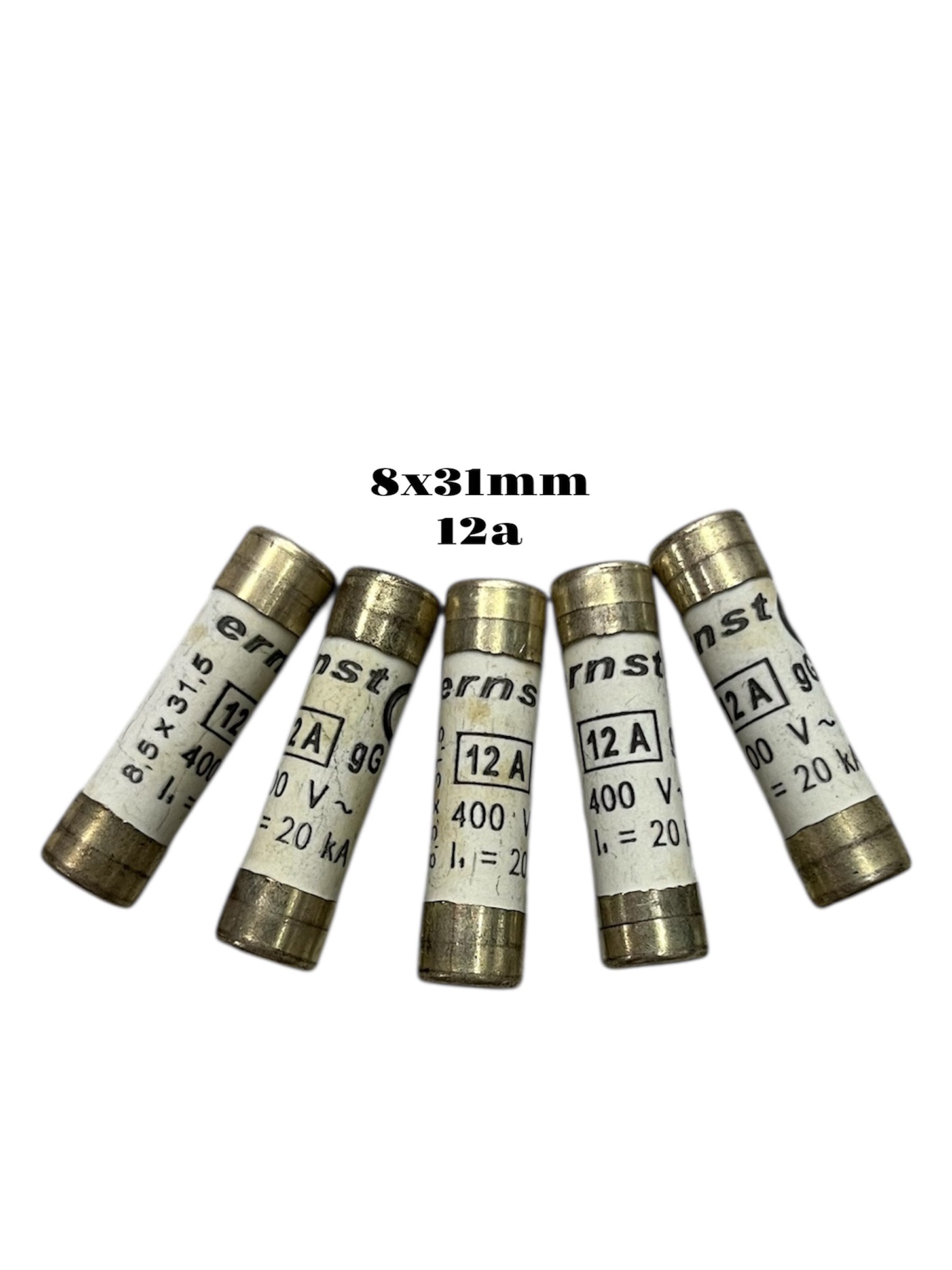 Set of five ceramic fuses labeled Ceramic Fuse 12A 400V 8x31mm for electrical circuitry parts