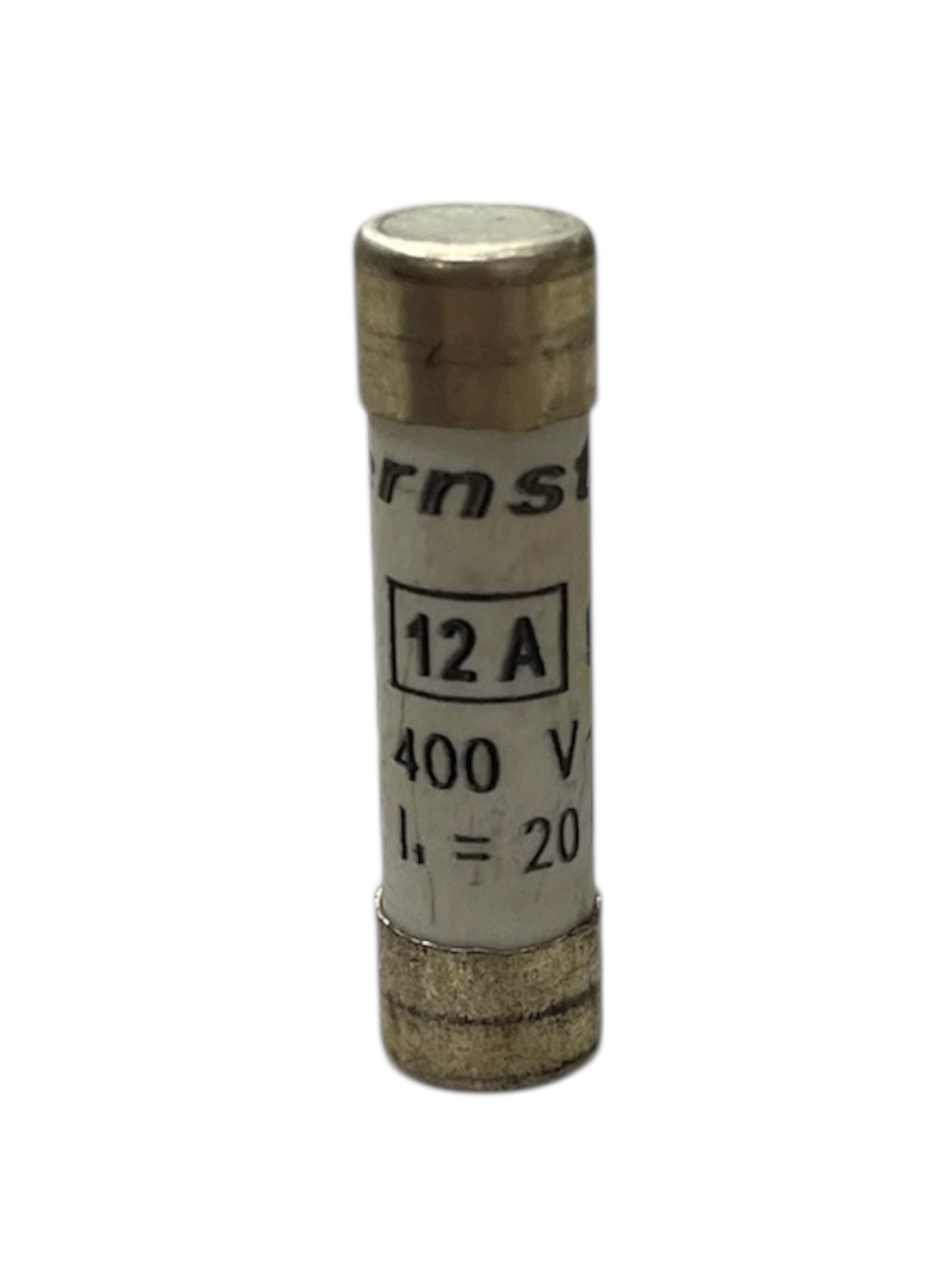 Ceramic Fuse 12A 400V 8x31mm electrical component with metal end caps for circuit protection