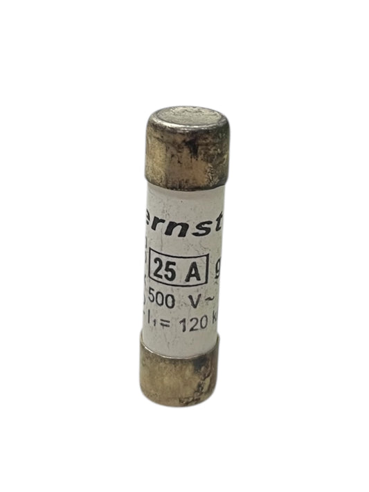 Ceramic Fuse 25A 500V 10x38mm electrical component with metal end caps for circuit protection