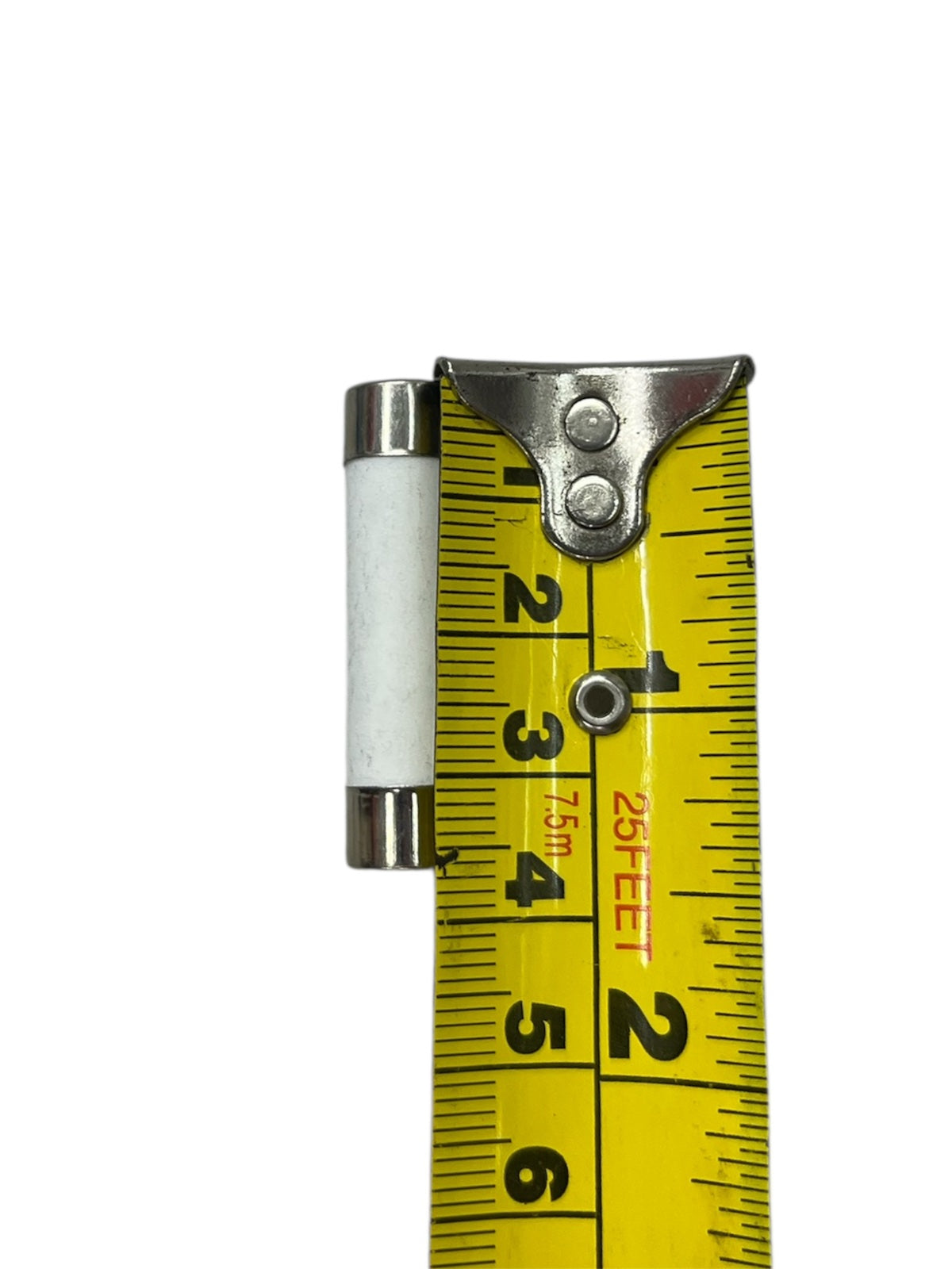 Ceramic Fuse 32A 500V 10x38mm next to a yellow measuring tape for size reference