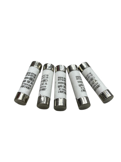 Set of five Ceramic Fuse 32A 500V 10x38mm electrical fuses with white ceramic bodies and metal end caps