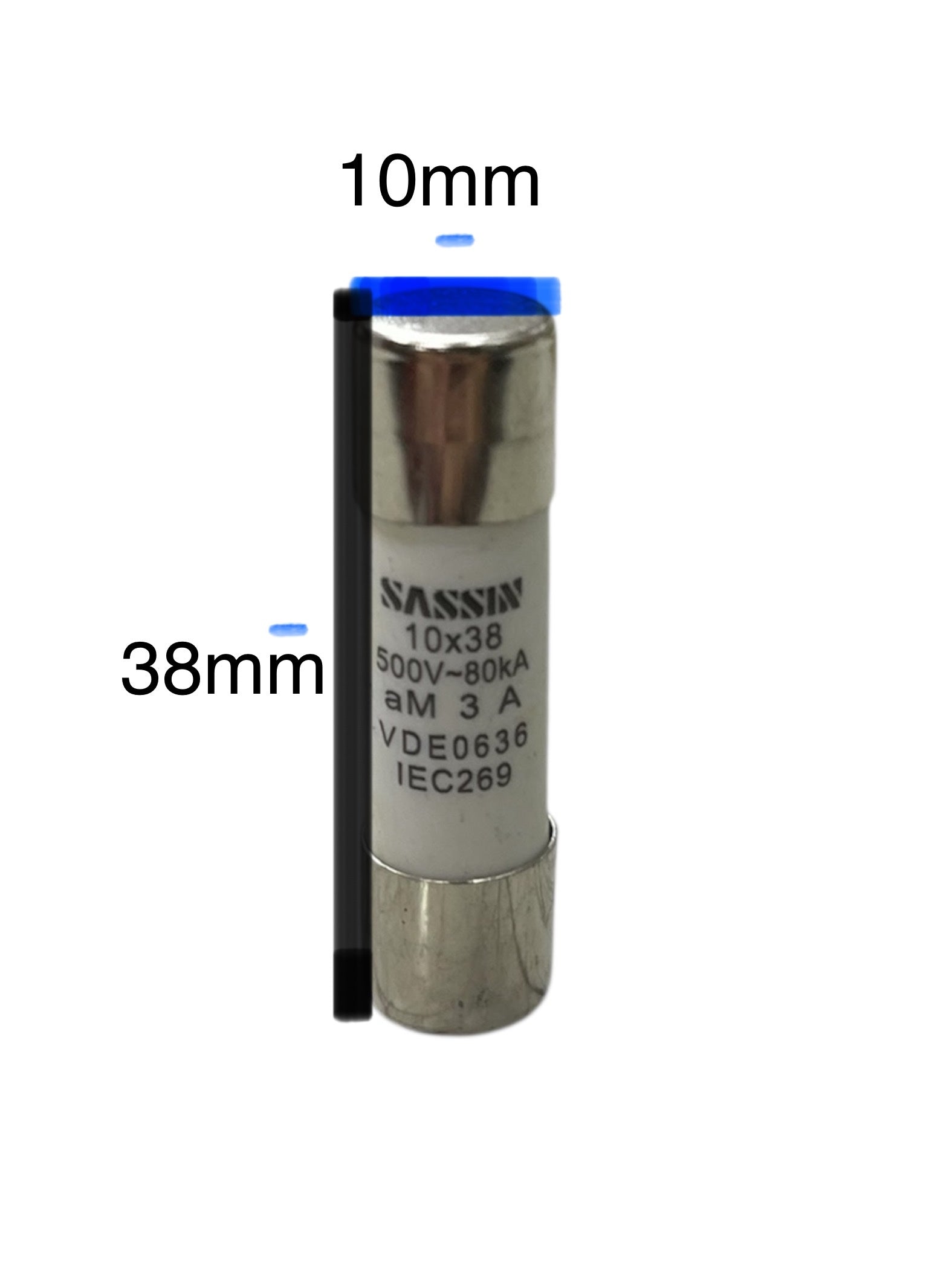 Ceramic Fuse 6A 500V 10x38mm with metal end caps for electrical circuitry and parts