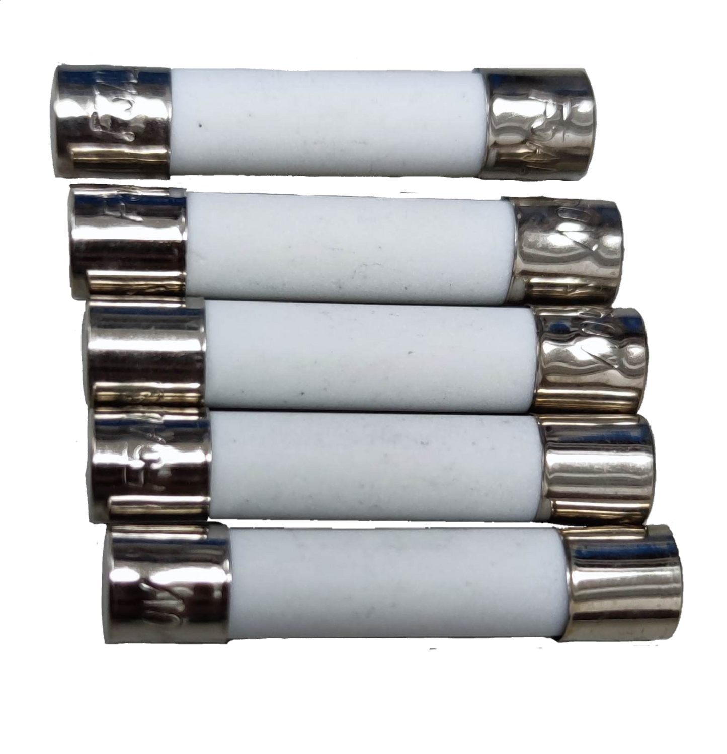 Set of five ceramic fuse 6x30mm 220V electrical parts with metal end caps on black background