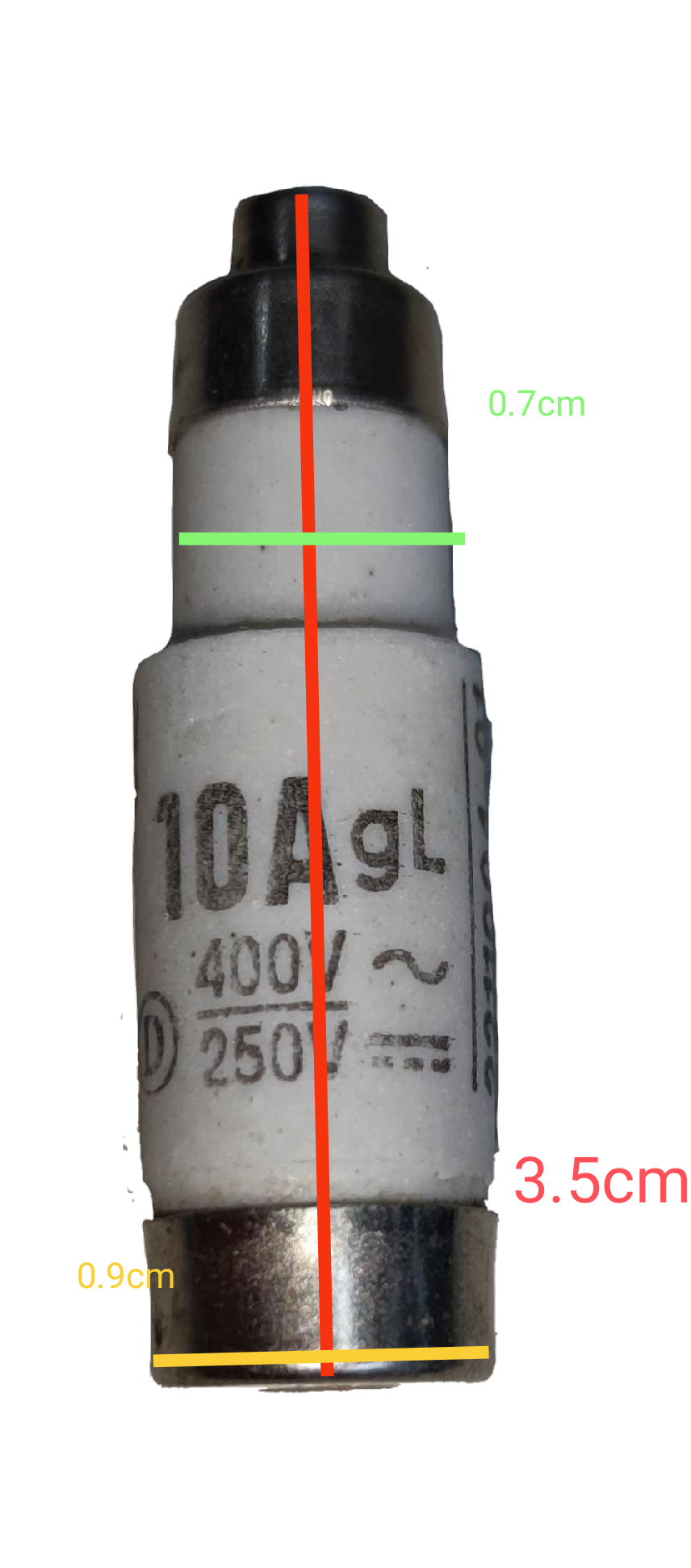Ceramic Fuse D01 10A 400V electrical component with white ceramic body and metal end caps