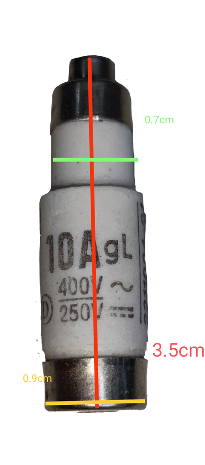Ceramic Fuse D01 10A 400V electrical component with white ceramic body and metal end caps