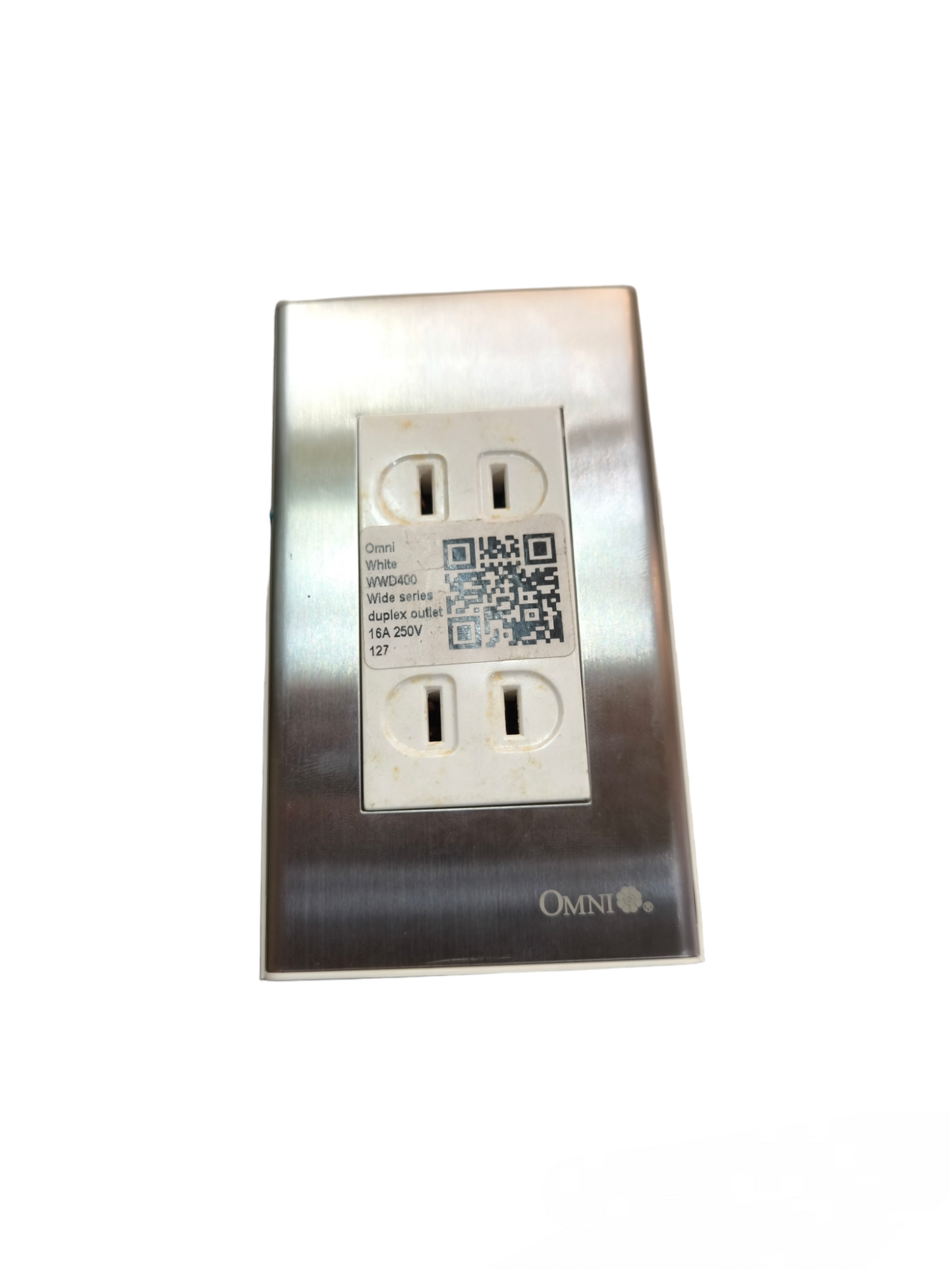 Omni Duplex Flat Pin Outlet 15A 250V with Stainless Plate Cover WWP-113S+WWD-400