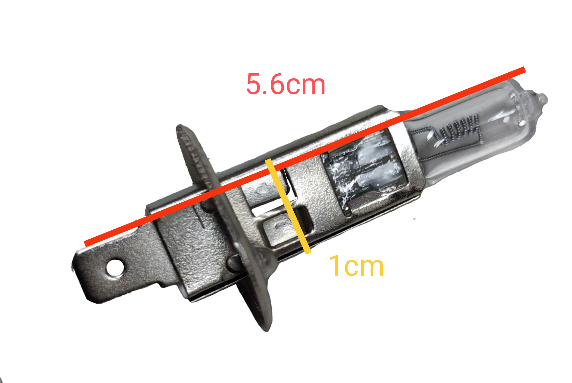 China 24V 100W H1 Halogen Bulb with metal base and glass enclosure showing measurements on black background