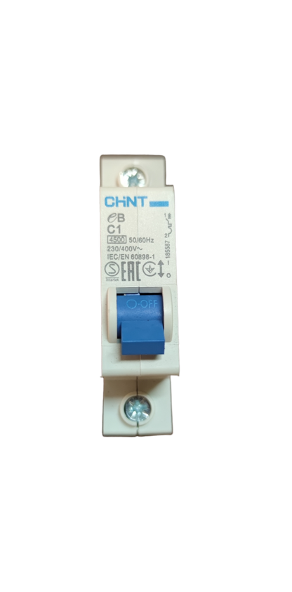 Chint 1 amp MCB 220V 4.5KAIC electrical circuit breaker with blue switch in white casing