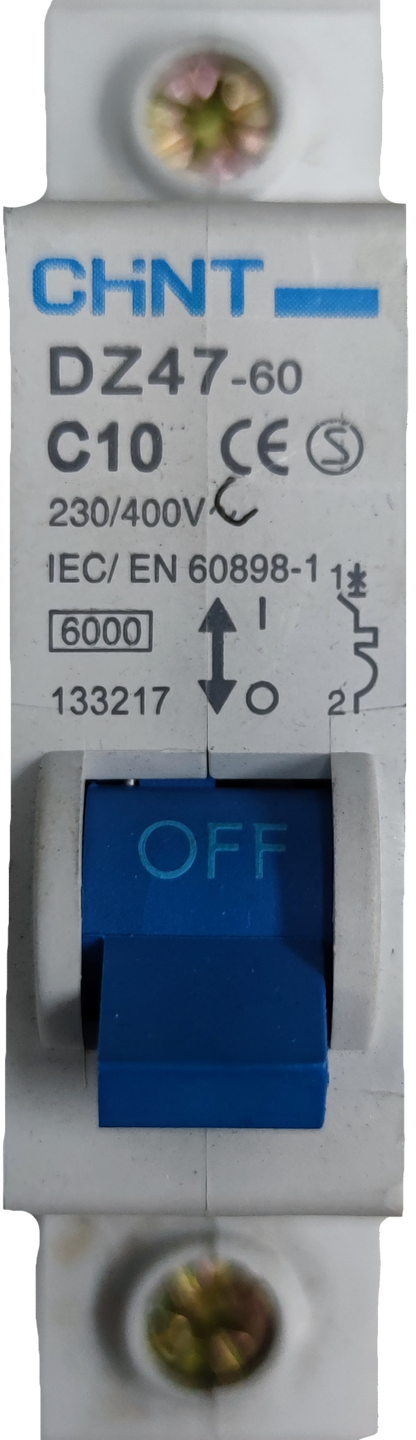 Chint 10a miniature circuit breaker DZ47-60 with blue ON OFF switch and 230 400V rating