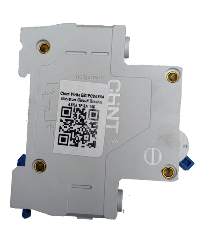 Chint 10a miniature circuit breaker in white with QR code and brass mounting holes