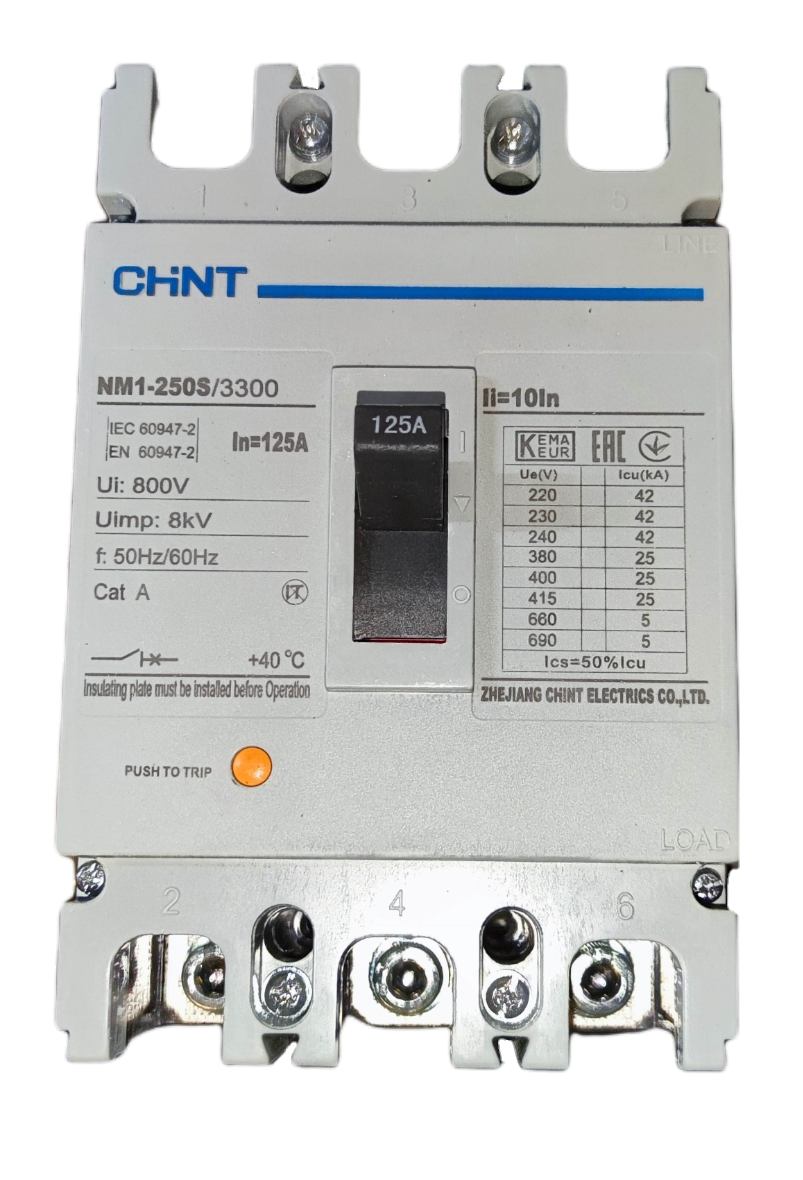 Chint 125A 3 Pole Industrial Circuit Breaker with 800V rating and multiple voltage specifications