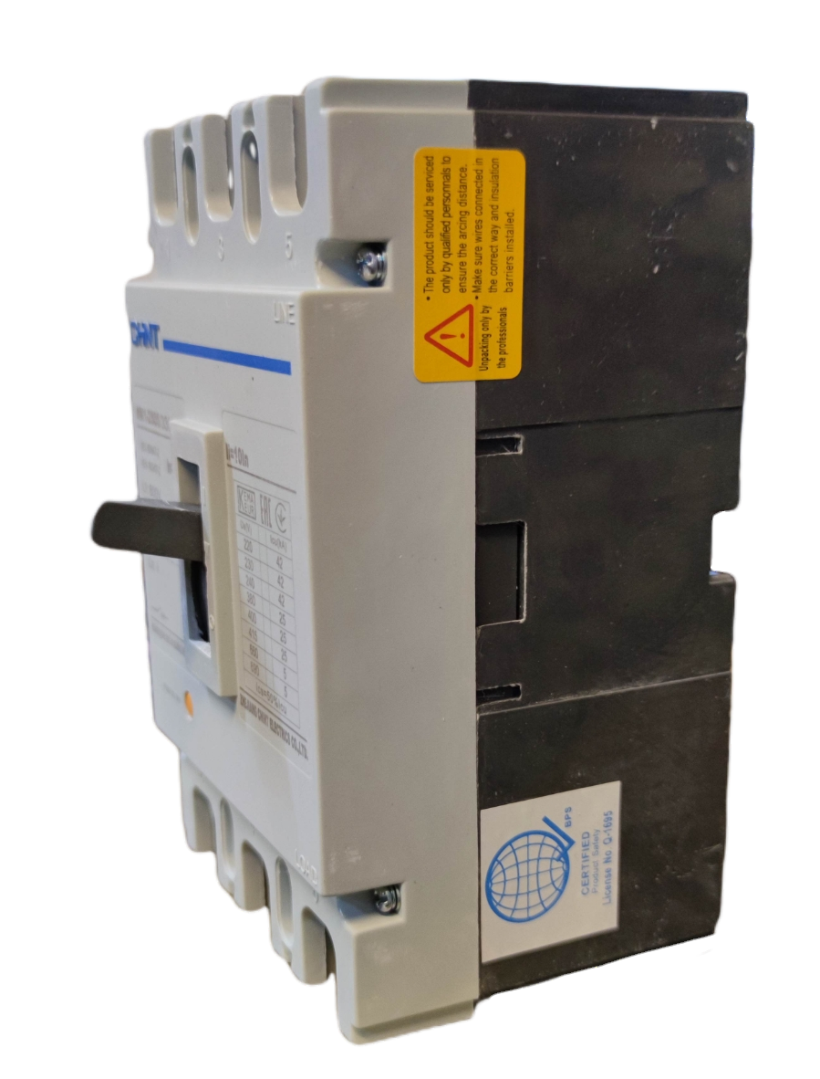 Chint 125A 3 Pole Industrial Circuit Breaker with white and black casing for electrical circuitry