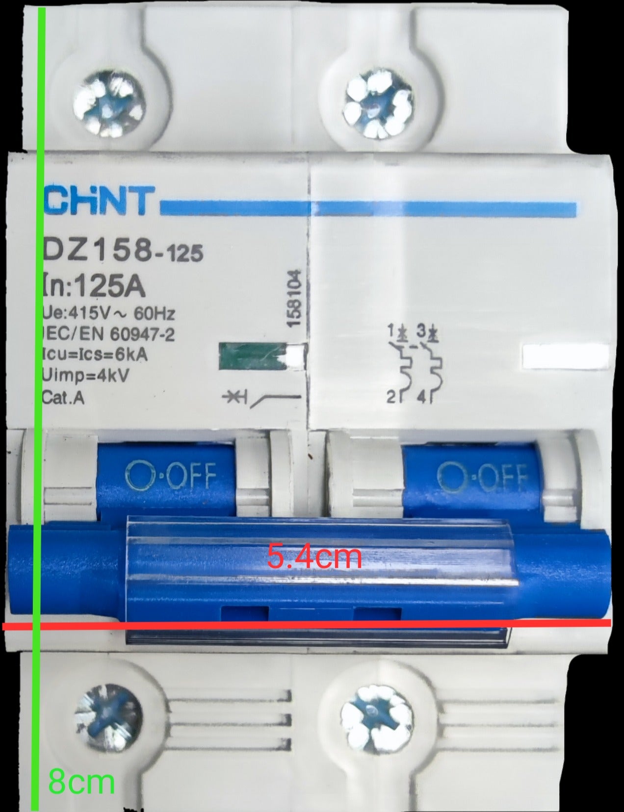 CHINT 125A MCB DIN rail circuit breaker with blue ON OFF switches and white casing