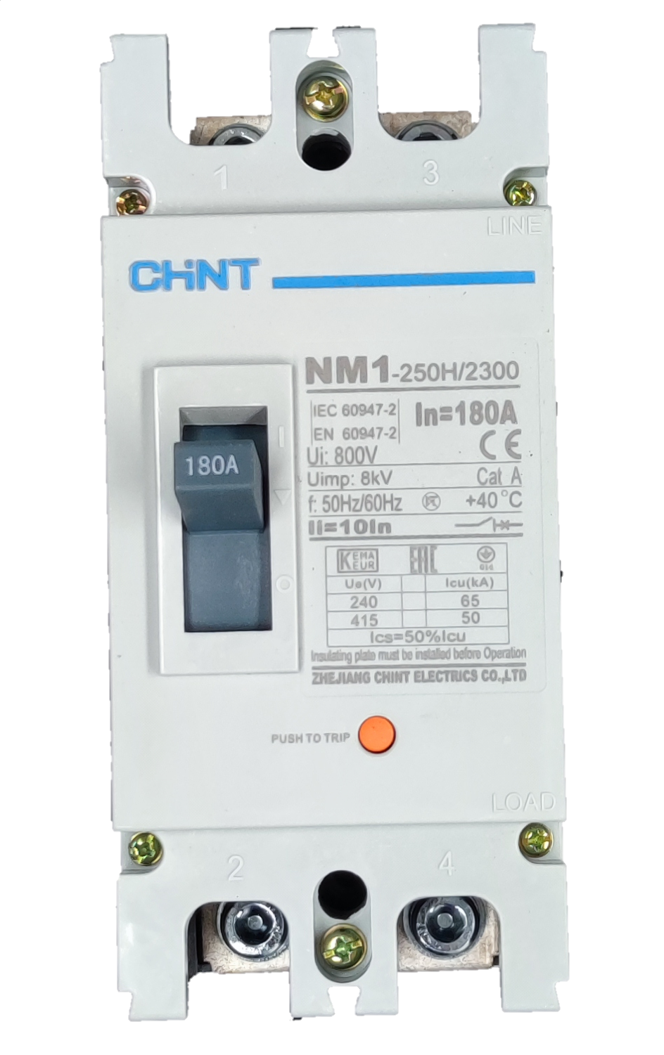 Chint 180A 2 pole single phase breaker 220V with switch and technical specifications on white casing
