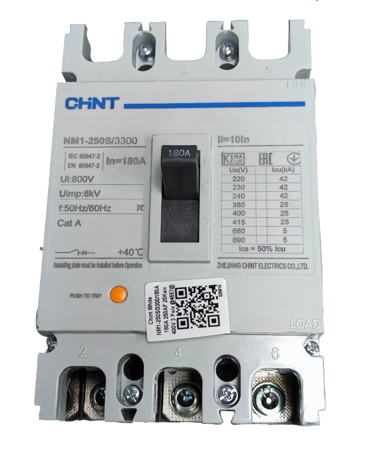 Chint 180A 3 Pole Industrial Circuit Breaker with black switch and technical specifications label
