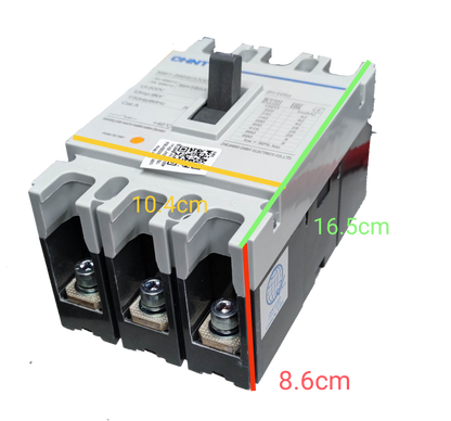 Chint 180A 3 Pole Industrial Circuit Breaker with gray and black body showing dimensions