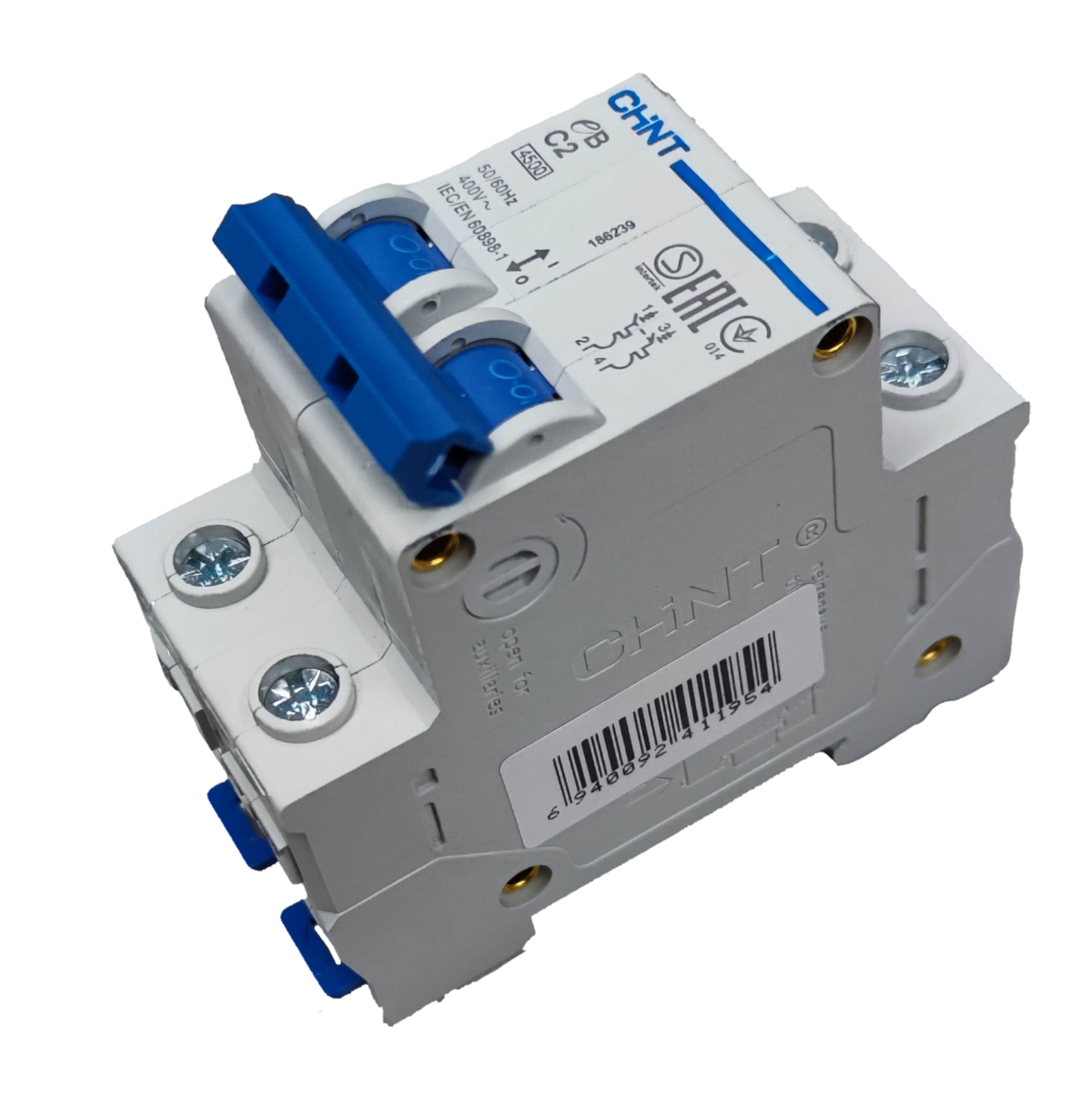 CHINT 2 pole MCB 2A 220V circuit breaker with blue toggle switches for electrical safety