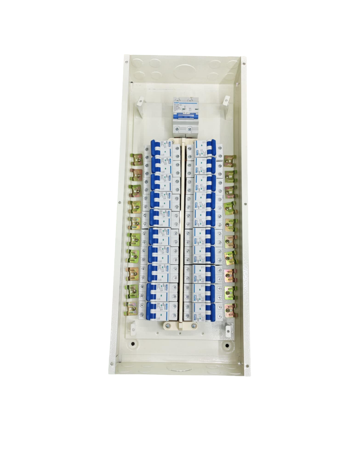 Chint 2 pole panel board with multiple circuit breakers and metal housing for electrical distribution
