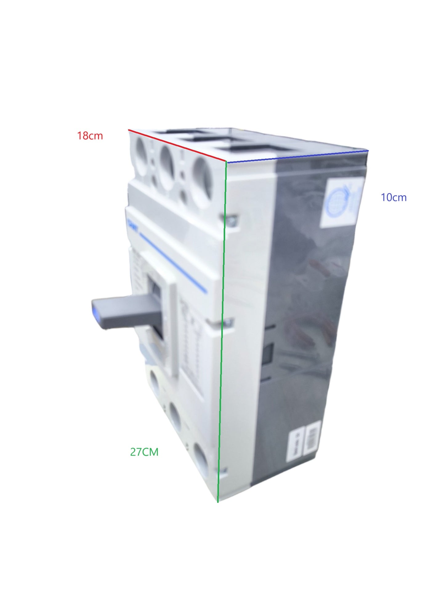 Chint 3 pole circuit breaker 500A electrical component with handle and dimensional markings