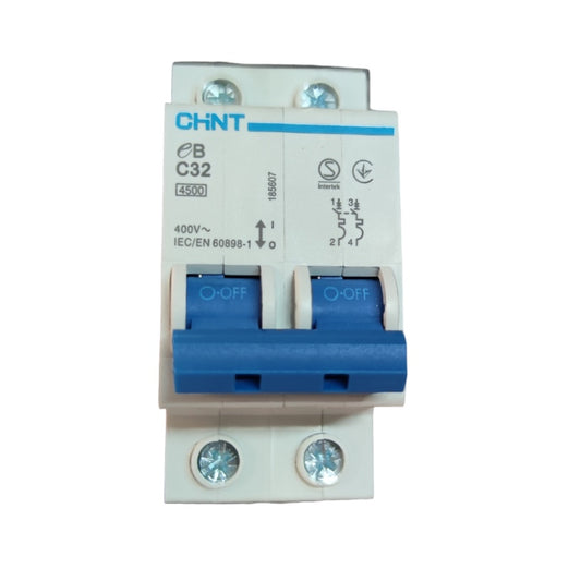 CHINT 32A 2Pole Miniature Circuit Breaker 4.5 KAIC 220V with blue switches and white casing