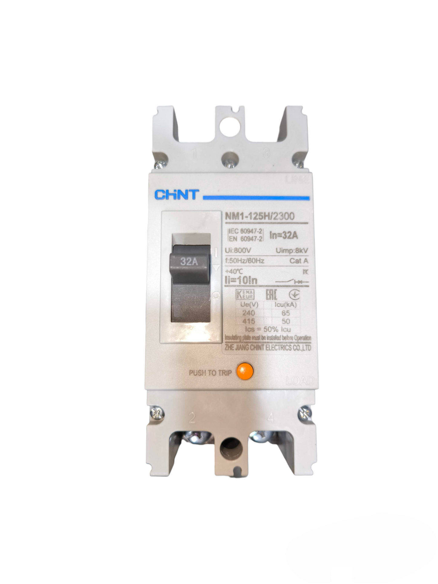 Chint 32A industrial circuit breaker white electrical component with switch and specifications label